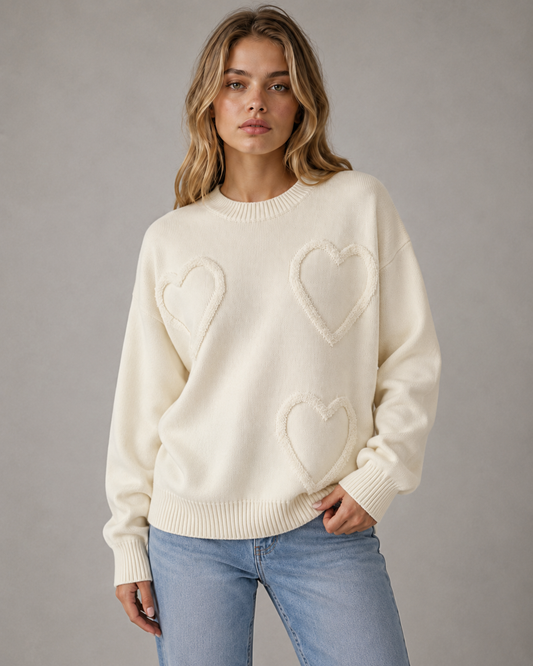 Women's Knit Sweater - Heart Textured Drop Shoulder