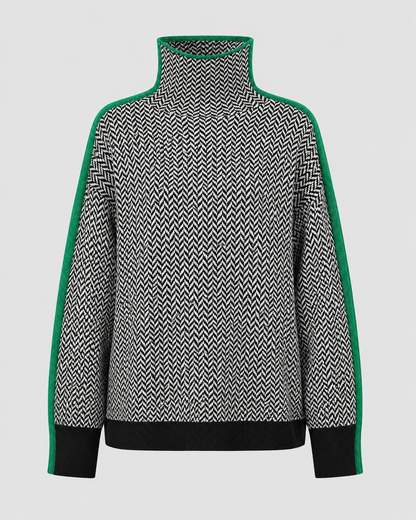 Women's Turtleneck Sweater - Herringbone Knit Contrast Sleeves