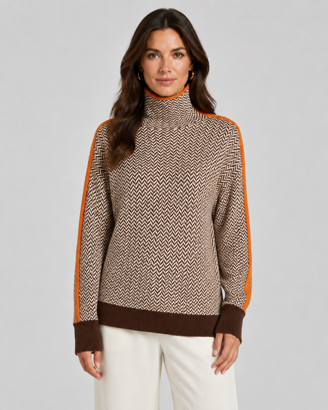 Women's Turtleneck Sweater - Herringbone Knit Contrast Sleeves