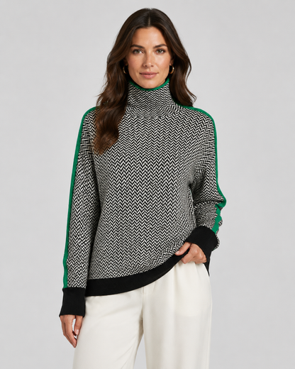 Women's Turtleneck Sweater - Herringbone Knit Contrast Sleeves
