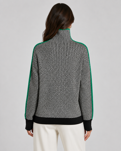 Women's Turtleneck Sweater - Herringbone Knit Contrast Sleeves