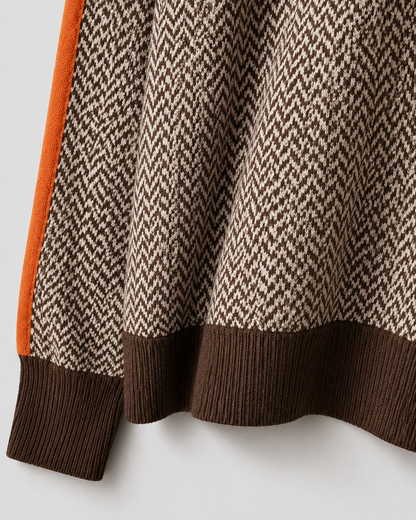 Women's Turtleneck Sweater - Herringbone Knit Contrast Sleeves