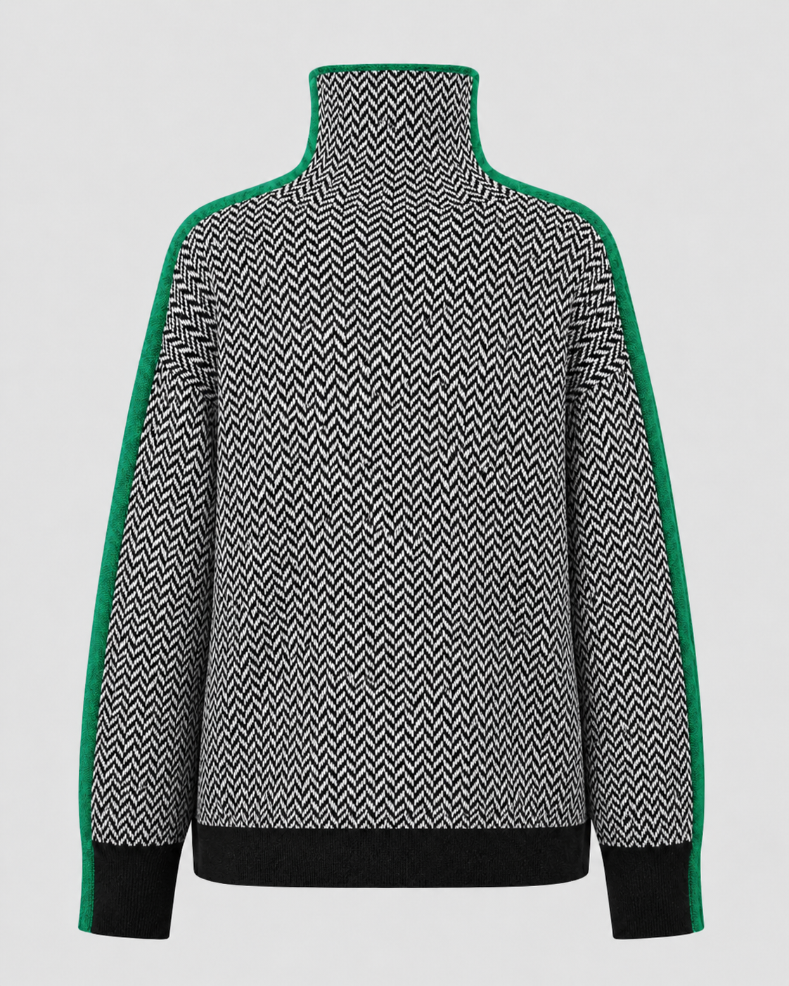 Women's Turtleneck Sweater - Herringbone Knit Contrast Sleeves