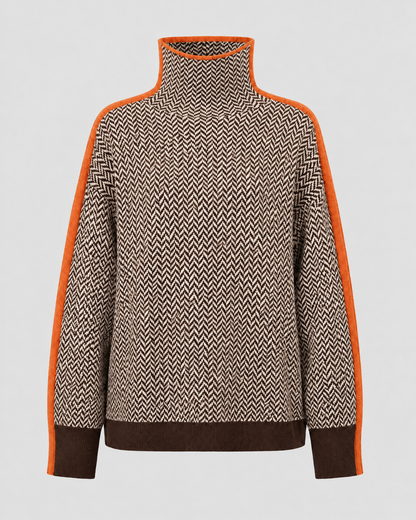 Women's Turtleneck Sweater - Herringbone Knit Contrast Sleeves