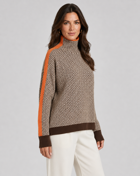 Women's Turtleneck Sweater - Herringbone Knit Contrast Sleeves