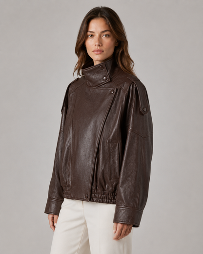 Women's Leather Jacket - High Collar Zip Up Casual Jacket