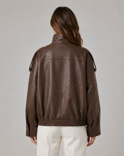 Women's Leather Jacket - High Collar Zip Up Casual Jacket