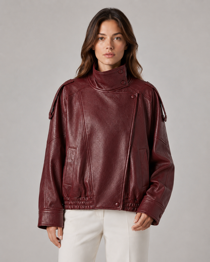 Women's Leather Jacket - High Collar Zip Up Casual Jacket