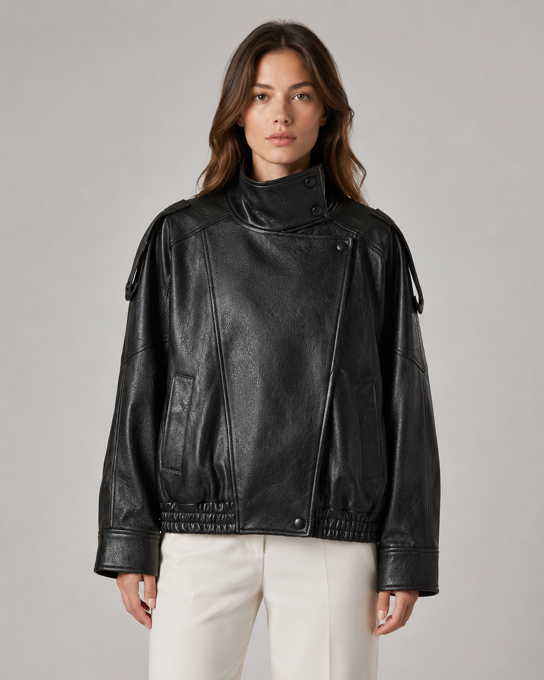 Women's Leather Jacket - High Collar Zip Up Casual Jacket