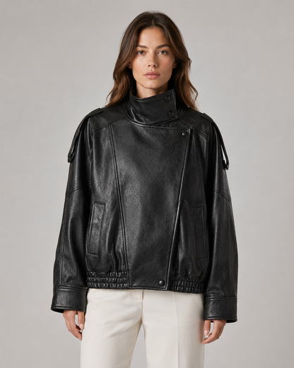 Women's Leather Jacket - High Collar Zip Up Casual Jacket