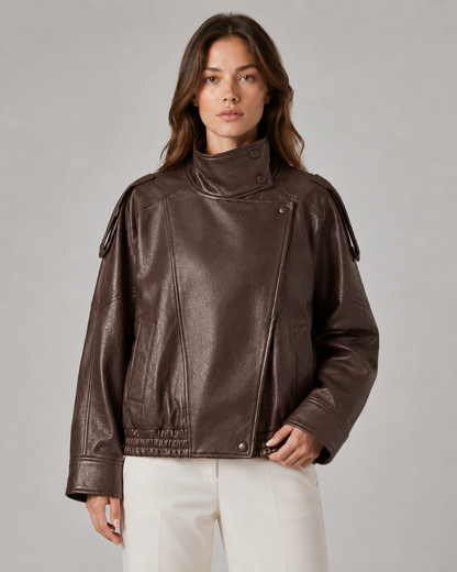 Women's Leather Jacket - High Collar Zip Up Casual Jacket