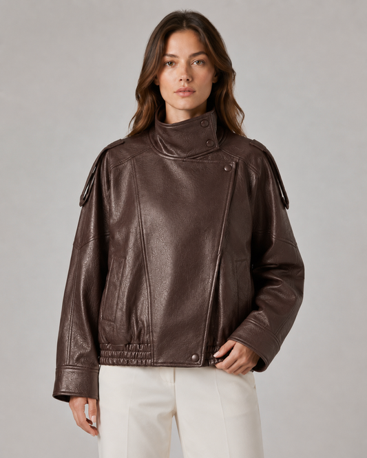 Women's Leather Jacket - High Collar Zip Up Casual Jacket