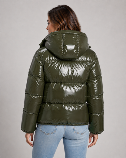 Women's Puffer Jacket - Cropped Hooded Glossy Zip Up
