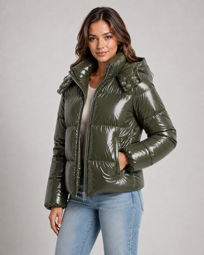 Women's Puffer Jacket - Cropped Hooded Glossy Zip Up