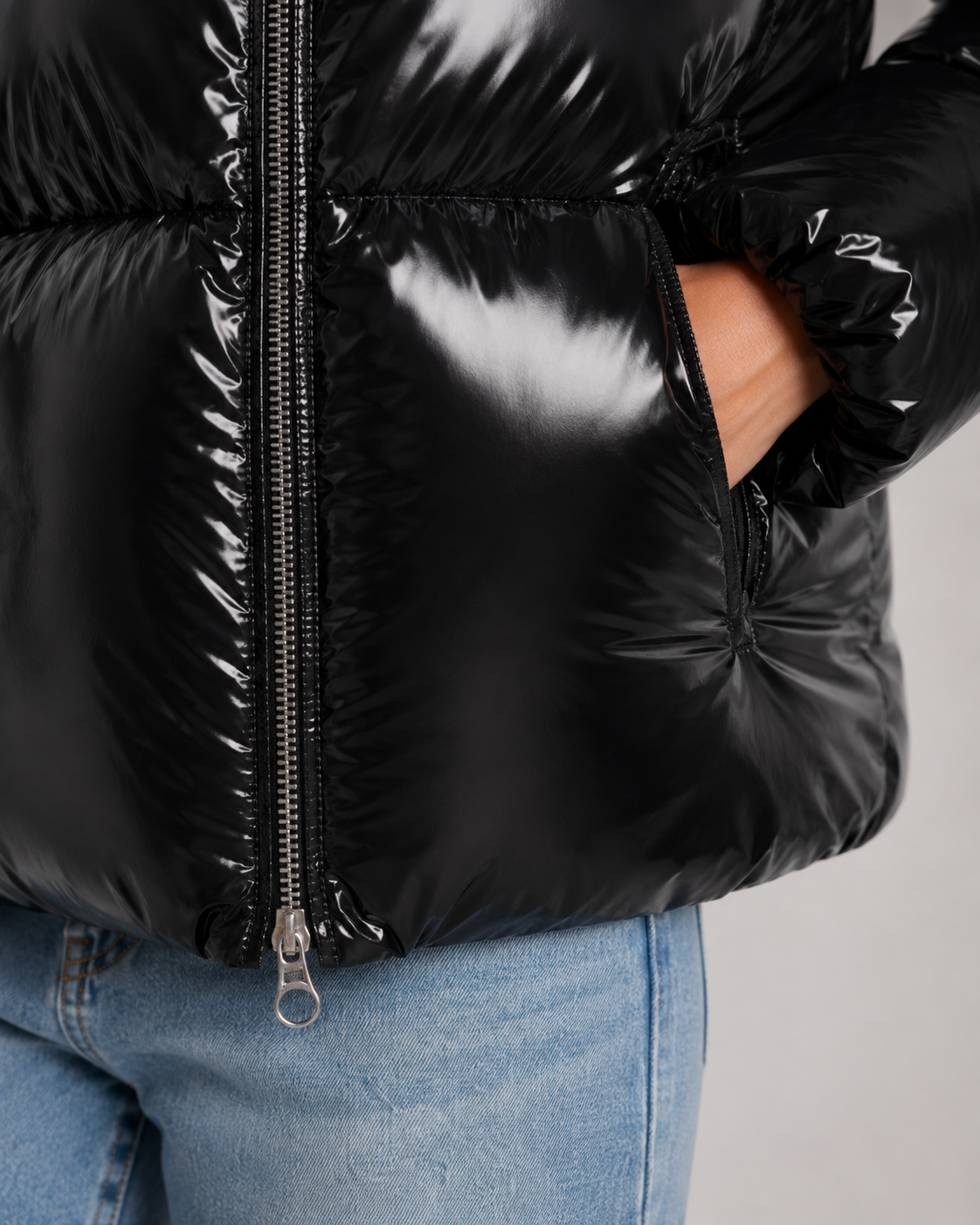 Women's Puffer Jacket - Cropped Hooded Glossy Zip Up