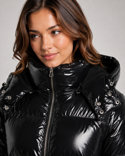 Women's Puffer Jacket - Cropped Hooded Glossy Zip Up