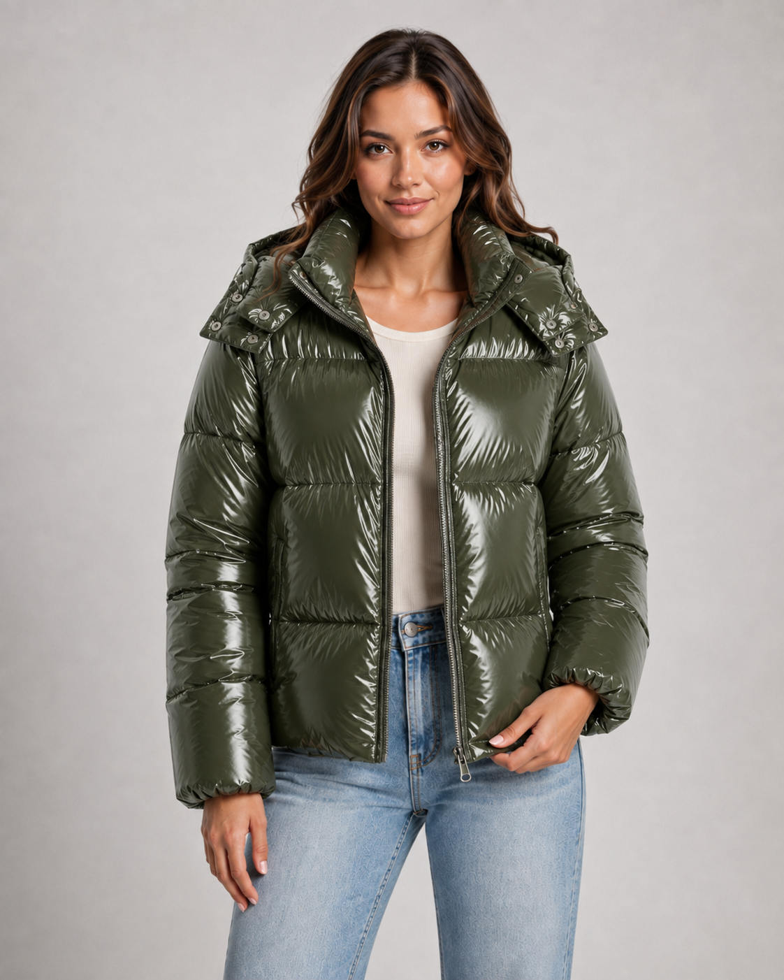 Women's Puffer Jacket - Cropped Hooded Glossy Zip Up