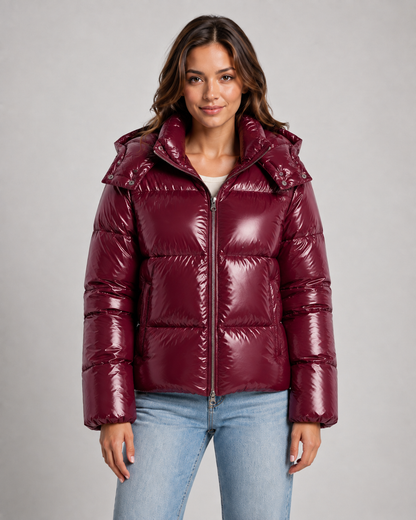 Women's Puffer Jacket - Cropped Hooded Glossy Zip Up