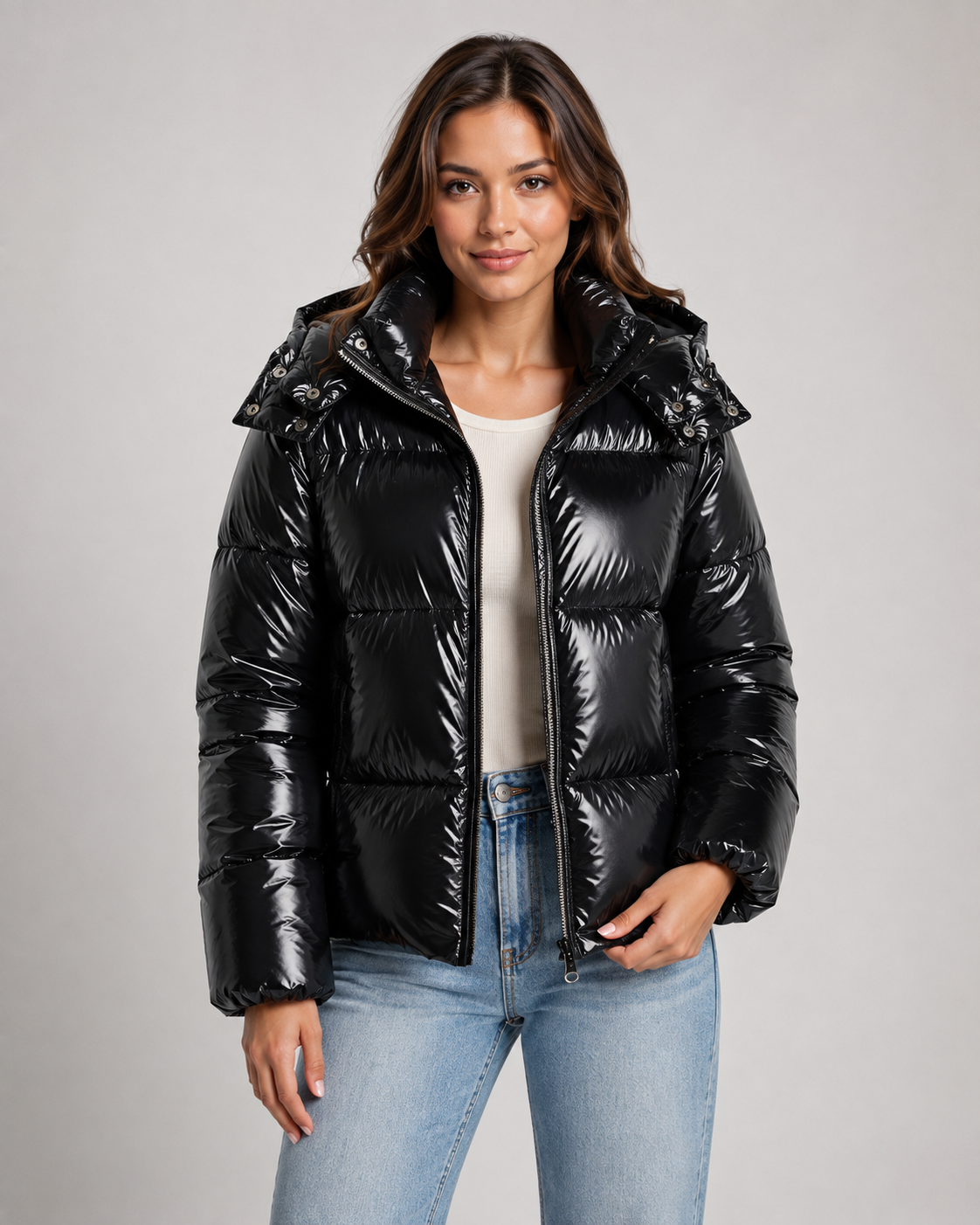 Women's Puffer Jacket - Cropped Hooded Glossy Zip Up