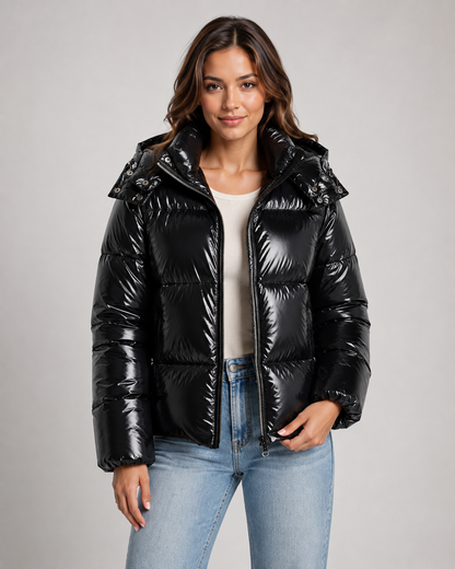 Women's Puffer Jacket - Cropped Hooded Glossy Zip Up