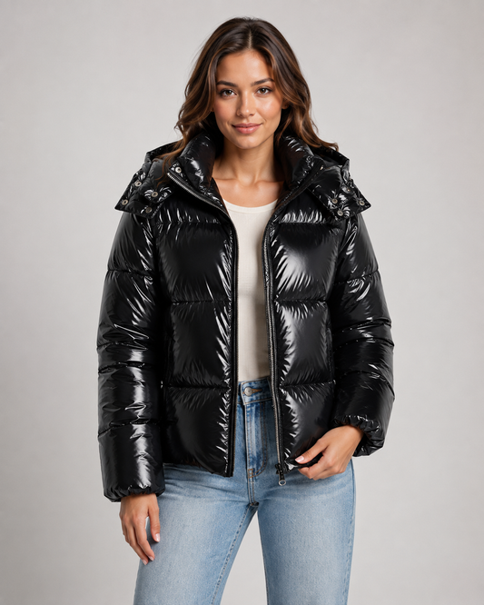 Women's Puffer Jacket - Cropped Hooded Glossy Zip Up