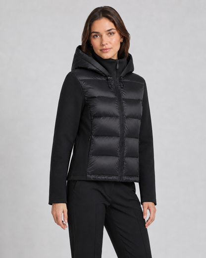 Women's Puffer Jacket - Hooded Hybrid Quilted Jersey Sleeve