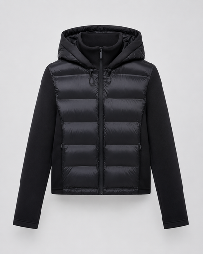 Women's Puffer Jacket - Hooded Hybrid Quilted Jersey Sleeve