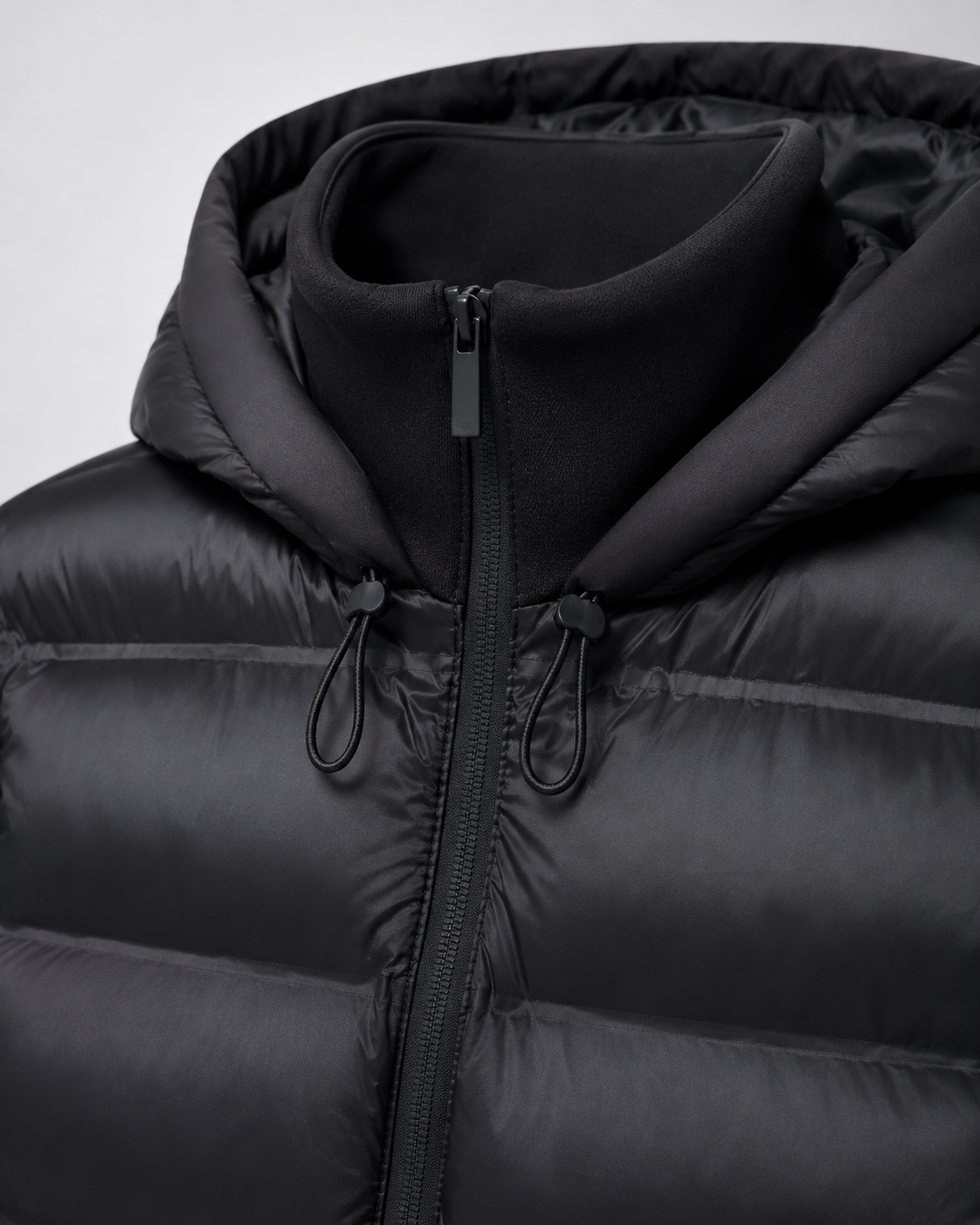 Women's Puffer Jacket - Hooded Hybrid Quilted Jersey Sleeve