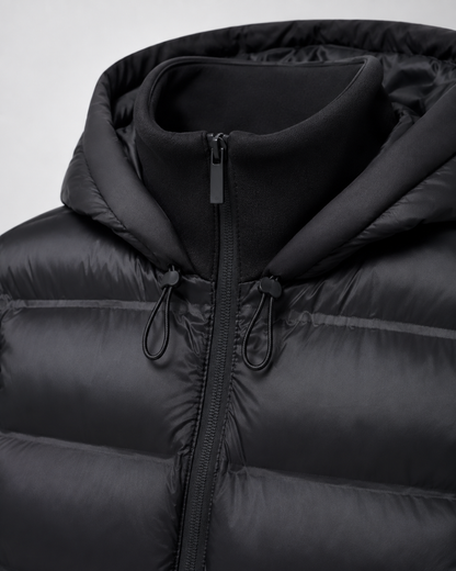 Women's Puffer Jacket - Hooded Hybrid Quilted Jersey Sleeve