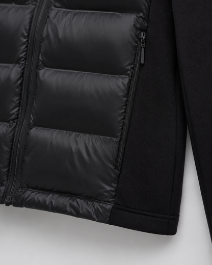 Women's Puffer Jacket - Hooded Hybrid Quilted Jersey Sleeve
