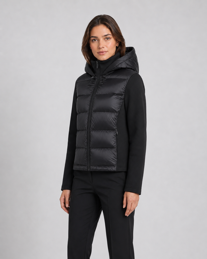 Women's Puffer Jacket - Hooded Hybrid Quilted Jersey Sleeve