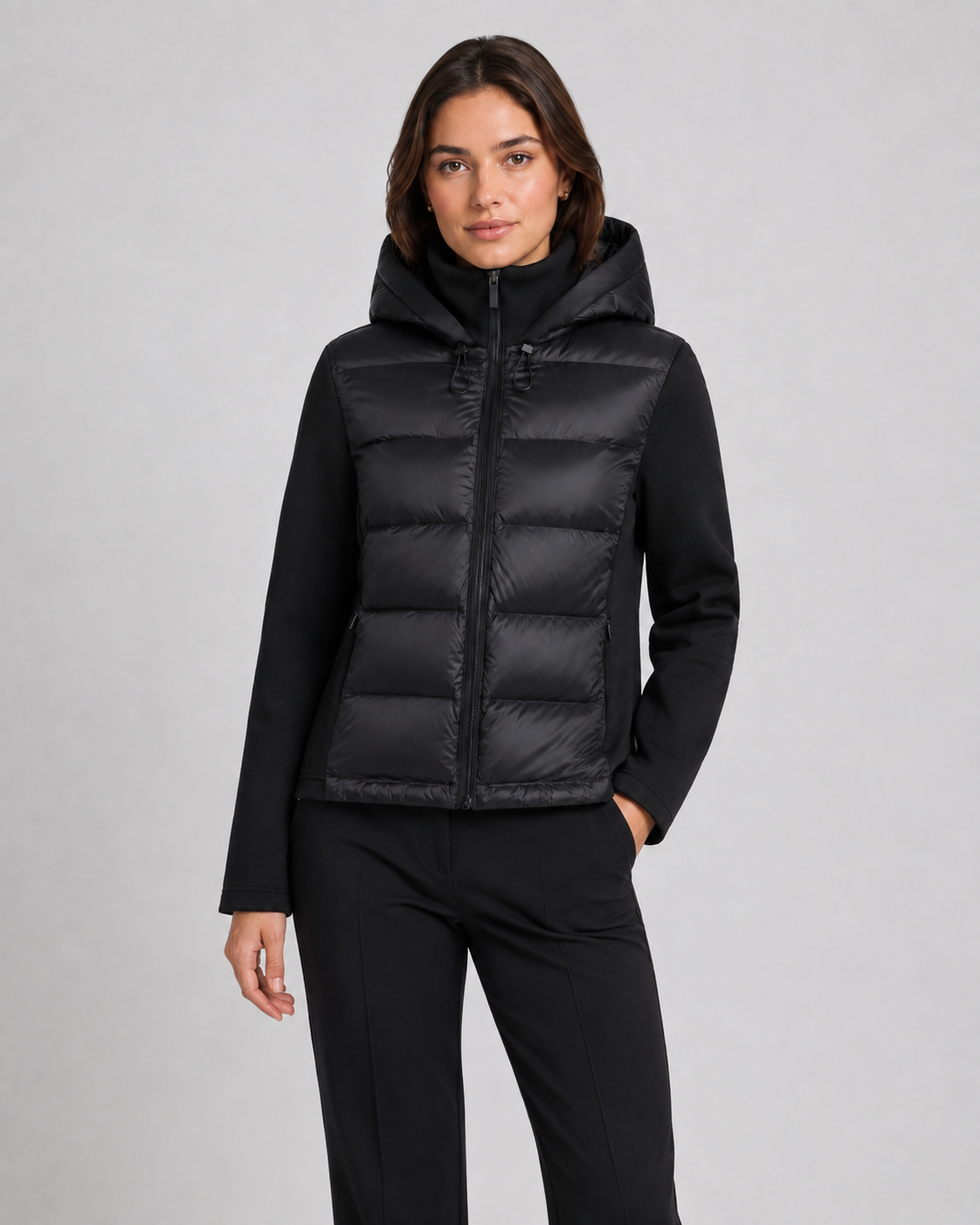 Women's Puffer Jacket - Hooded Hybrid Quilted Jersey Sleeve