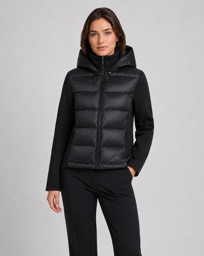 Women's Puffer Jacket - Hooded Hybrid Quilted Jersey Sleeve