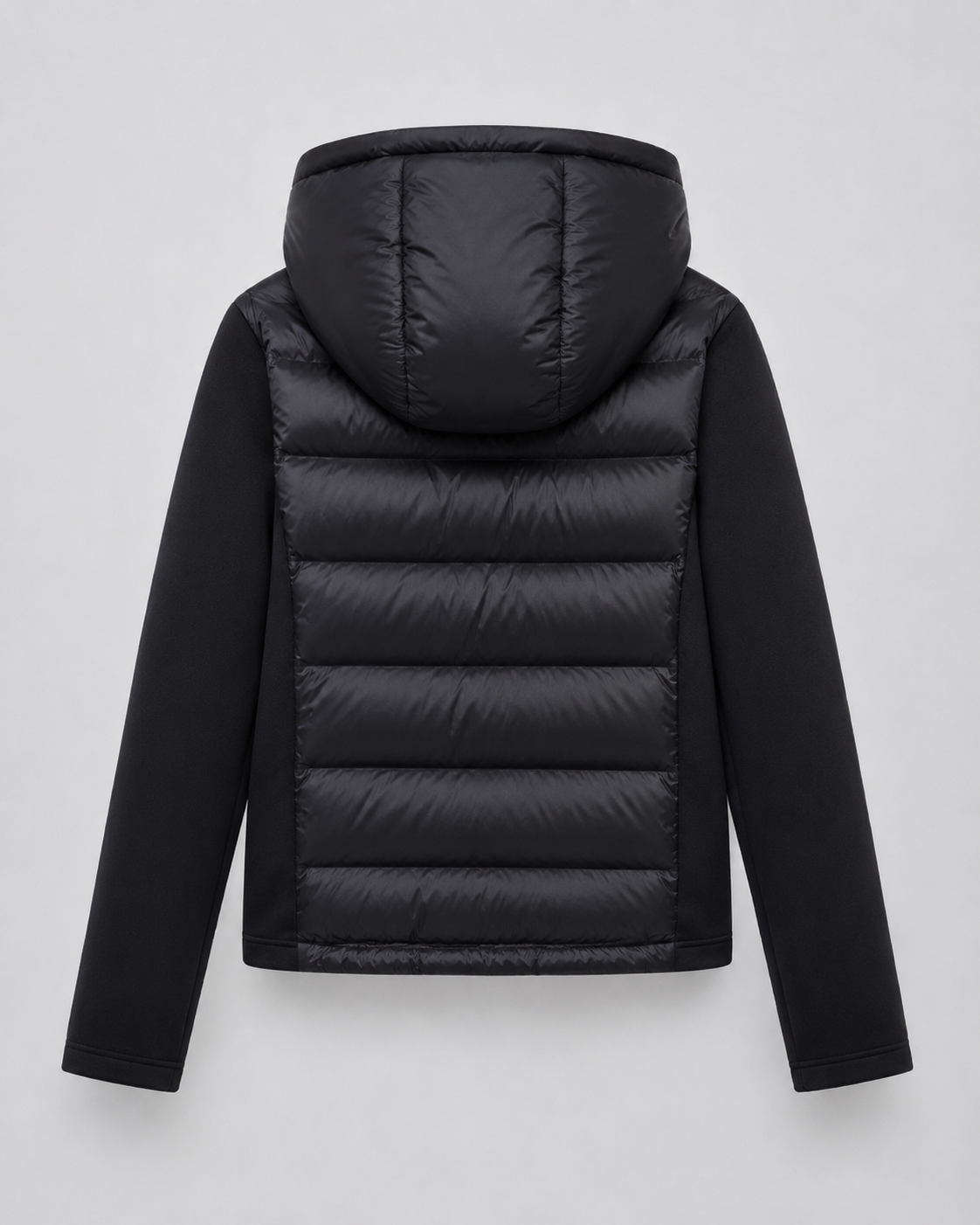 Women's Puffer Jacket - Hooded Hybrid Quilted Jersey Sleeve