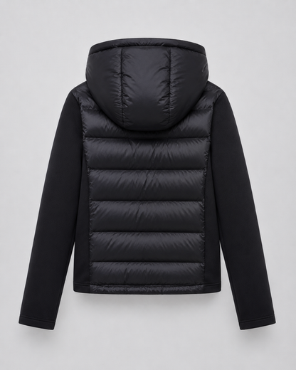 Women's Puffer Jacket - Hooded Hybrid Quilted Jersey Sleeve