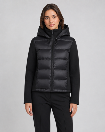 Women's Puffer Jacket - Hooded Hybrid Quilted Jersey Sleeve