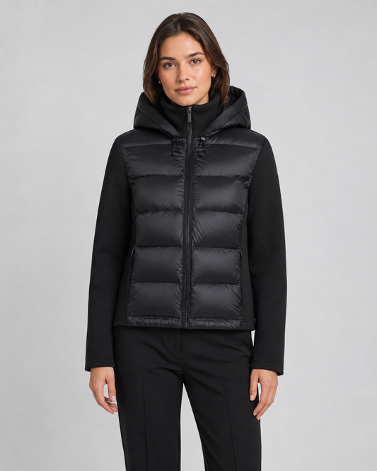 Women's Puffer Jacket - Hooded Hybrid Quilted Jersey Sleeve