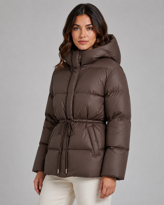 Women's Puffer Jacket - Hooded Fitted Drawstring Waist
