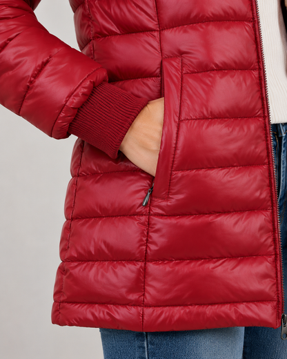 Women's Puffer Jacket - Hooded Quilted Mid Thigh Winter Coat