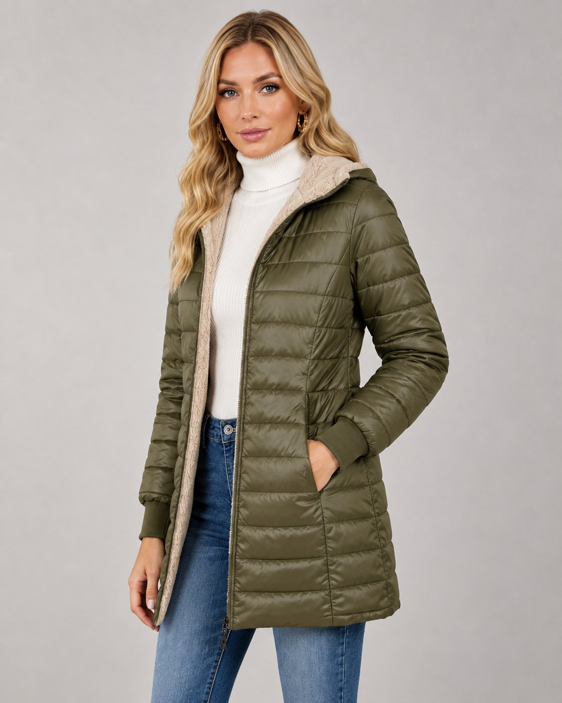 Women's Puffer Jacket - Hooded Quilted Mid Thigh Winter Coat