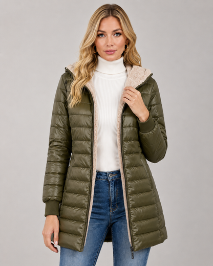 Women's Puffer Jacket - Hooded Quilted Mid Thigh Winter Coat