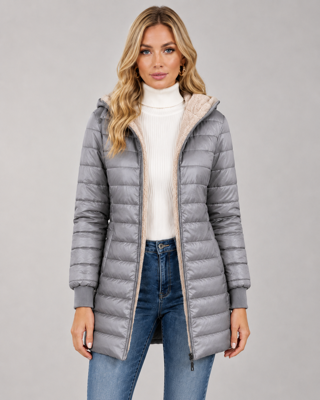 Women's Puffer Jacket - Hooded Quilted Mid Thigh Winter Coat