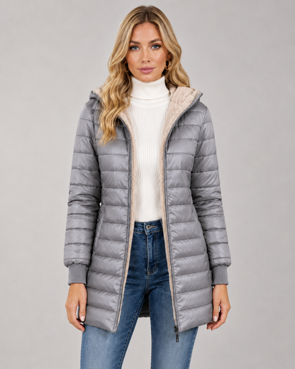 Women's Puffer Jacket - Hooded Quilted Mid Thigh Winter Coat