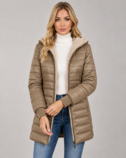 Women's Puffer Jacket - Hooded Quilted Mid Thigh Winter Coat