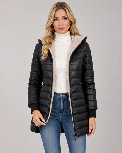 Women's Puffer Jacket - Hooded Quilted Mid Thigh Winter Coat
