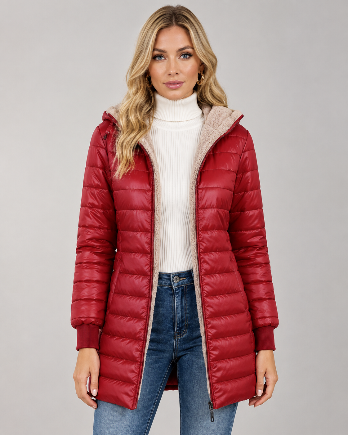 Women's Puffer Jacket - Hooded Quilted Mid Thigh Winter Coat