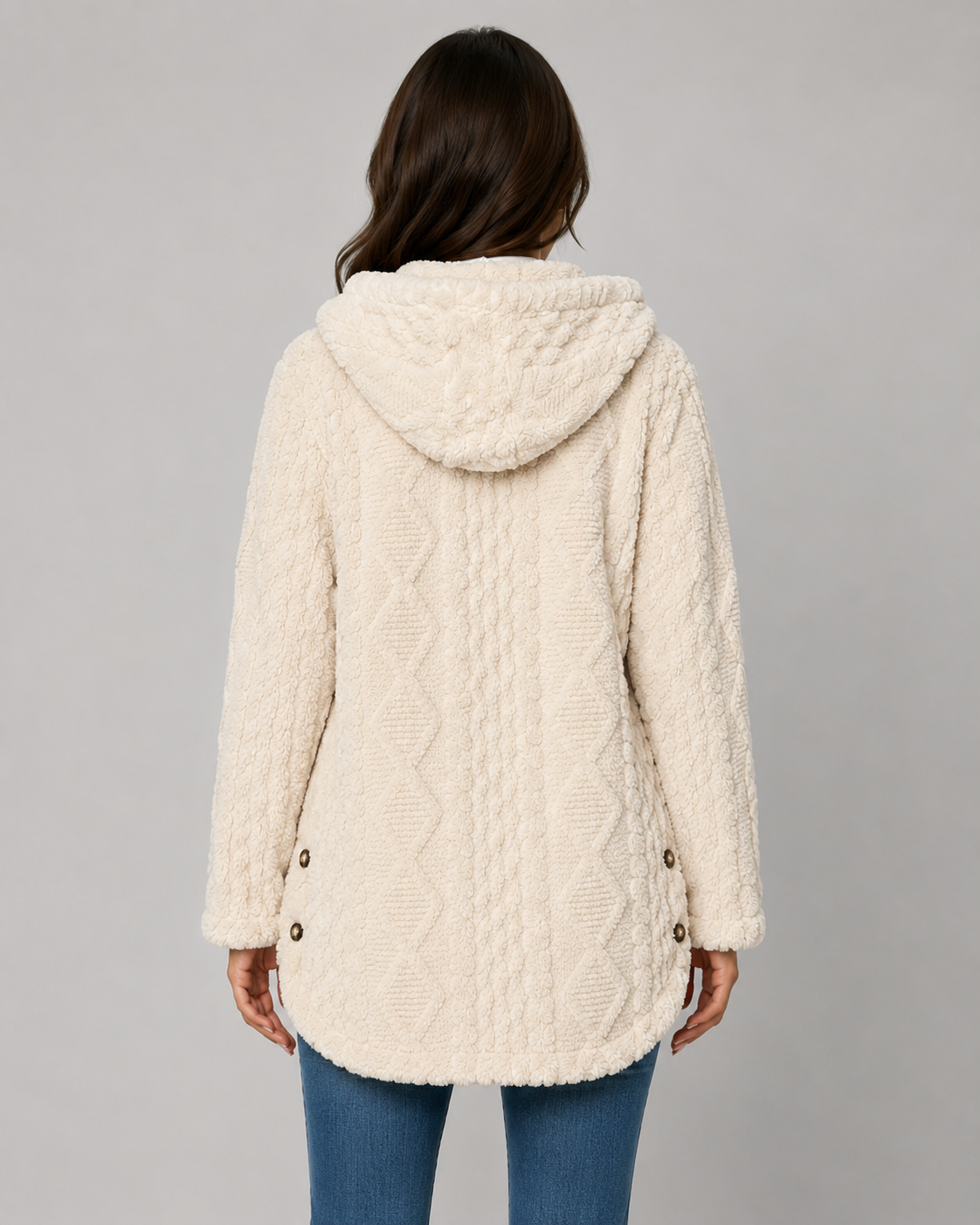 Women's Teddy Fleece Jacket - Hooded Cable Knit Texture
