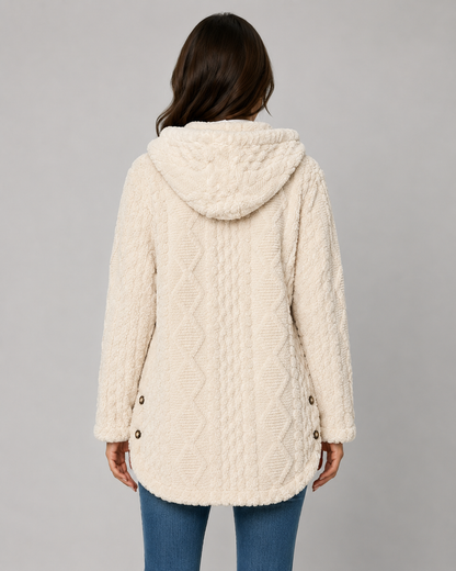 Women's Teddy Fleece Jacket - Hooded Cable Knit Texture