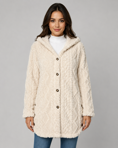 Women's Teddy Fleece Jacket - Hooded Cable Knit Texture