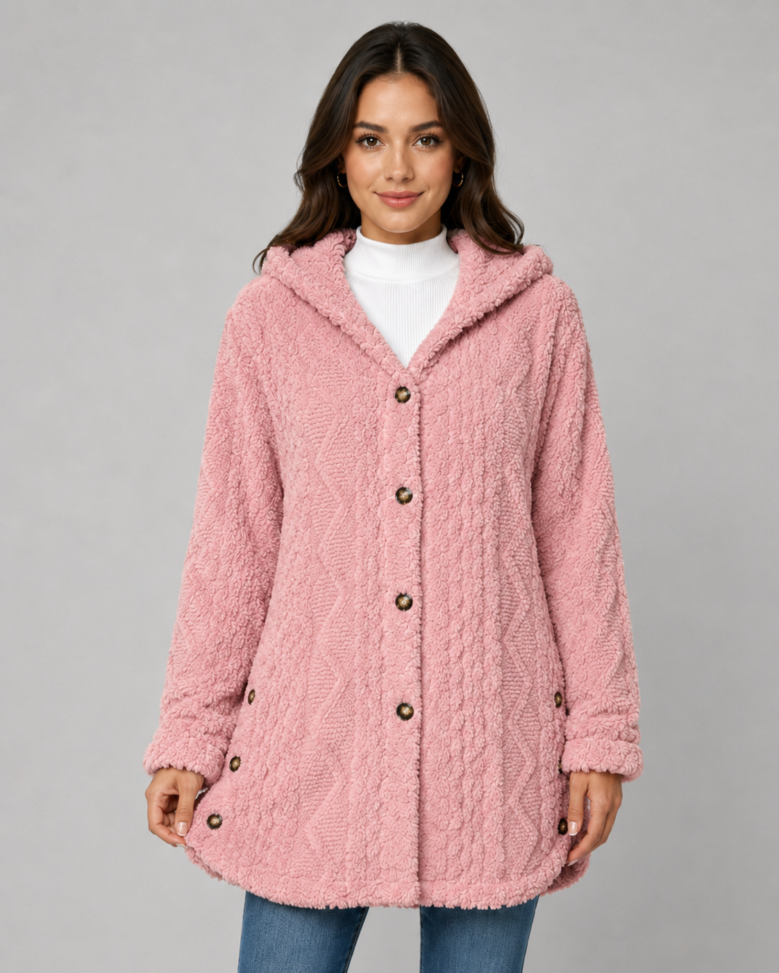 Women's Teddy Fleece Jacket - Hooded Cable Knit Texture